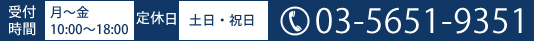 電話番号：03-5651-9351 受付時間 月～金 10:00～18:00 定休日 土日・祝日